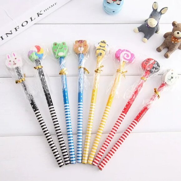9pcs Animal Eraser Topper Wooden Pencils Cartoon Cute Kid school Supply HB write - Picture 1 of 10